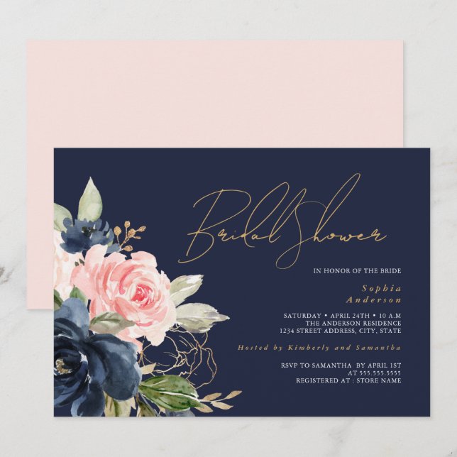 Invitation Fête de mariage Navy Blush Gold Floral (Devant / Derrière)
