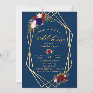 Invitation Fête de mariage Navy Burgundy Cadre Doré Moderne O