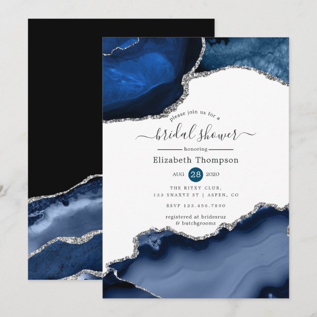 Invitation Fête de mariage Navy et Agate argentée (Devant / Derrière)