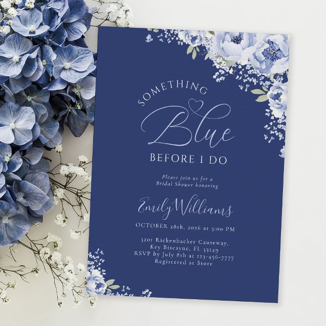 Invitation Fête de mariage Navy Floral Something Blue (Créateur téléchargé)