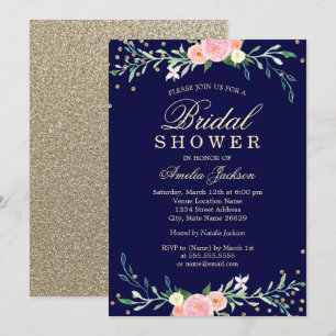 Invitation Fête de mariage Navy Sweet Floral Sparkle Confetti