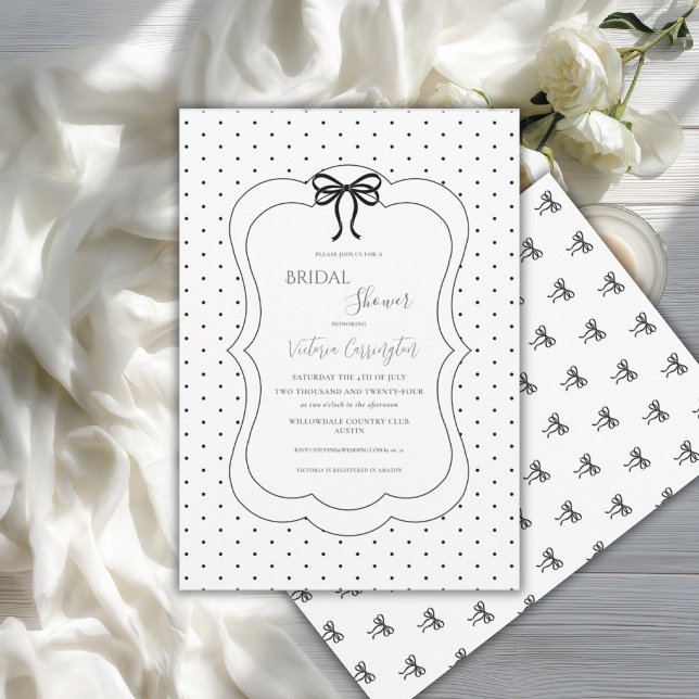 Invitation Fête de mariage noir blanc à pois et noeuds (Créateur téléchargé)