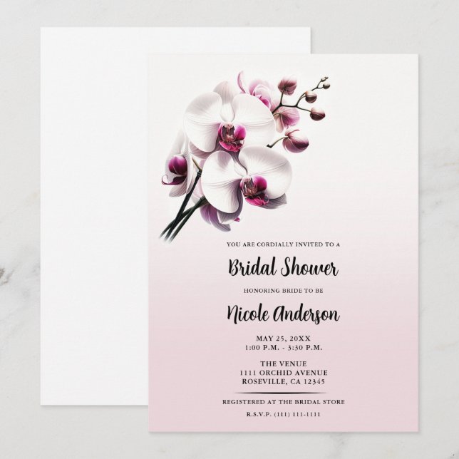 Invitation Fête de mariage Orchidée Fleur Rose et Blanche (Devant / Derrière)
