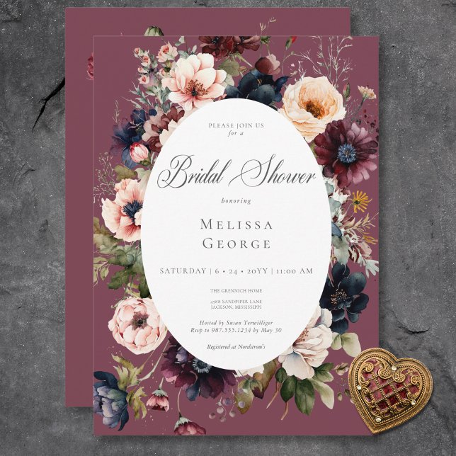 Invitation Fête de mariage ovale florale bordeaux foncé (Dark Burgundy Oval Floral Frame Bridal Shower Invitation)