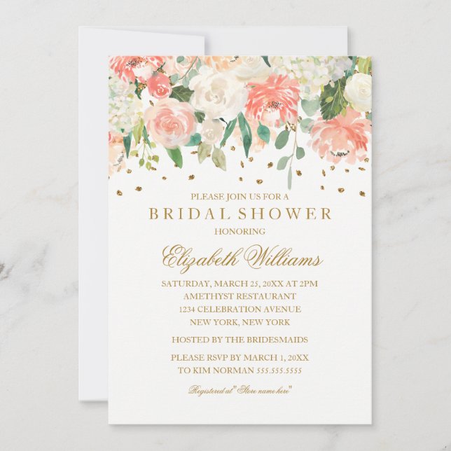 Invitation Fête de mariage pailletée de rose doré floral (Devant)