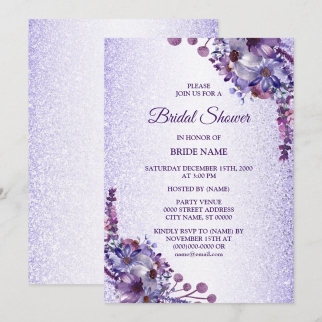 Invitation Fête de mariage pailletée fleurs rose bleu violet (Devant / Derrière)