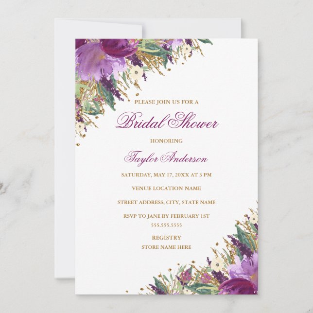 Invitation Fête de mariage pailletée or violet améthyste flor (Devant)