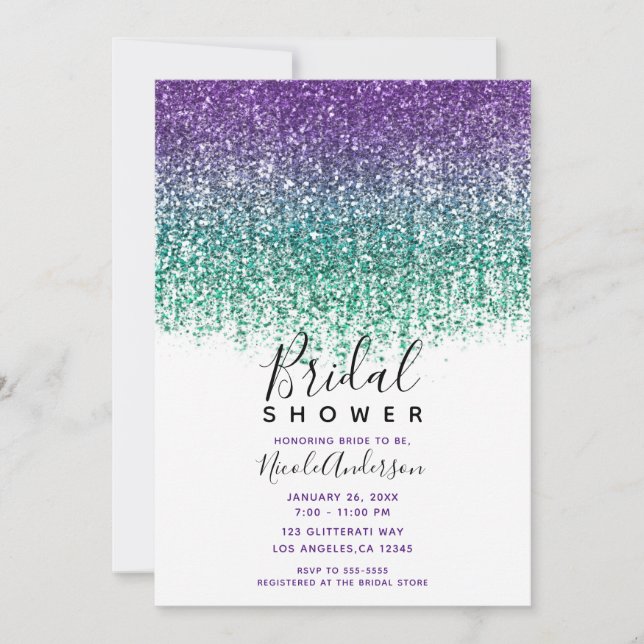 Invitation Fête de mariage pailletée turquoise et violette (Devant)