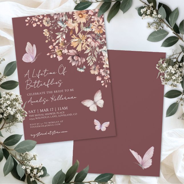 Invitation Fête de Mariage Papillon Fleur Sauvage Bourgogne (Butterfly Wildflowers Bridal Shower Invitation )