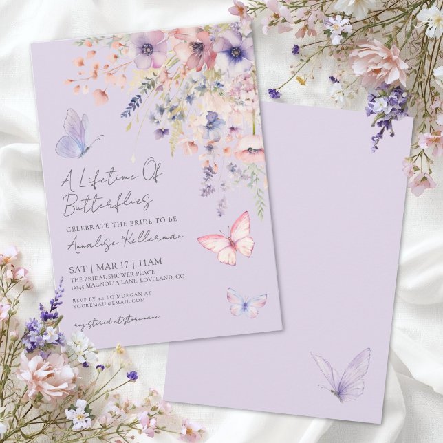 Invitation Fête de mariage papillon fleur sauvage violette (Butterfly Wildflower Purple Bridal Shower Invitation)