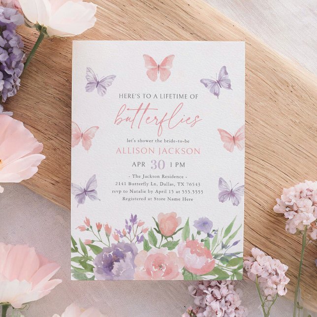 Invitation Fête de mariage papillon floral rose et violet (Créateur téléchargé)
