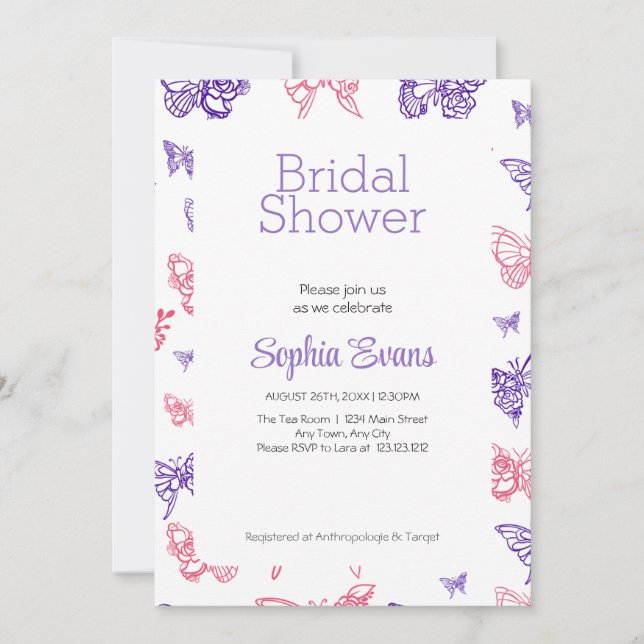 Invitation Fête de mariage papillons roses et violets blancs (Devant)