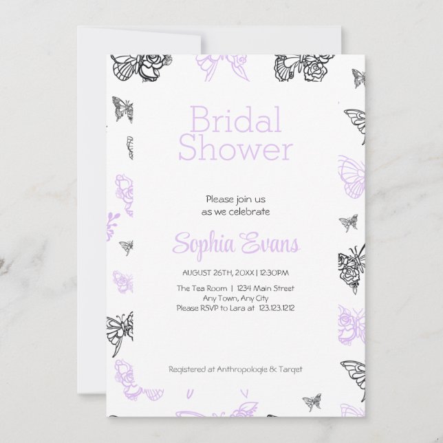 Invitation Fête de mariage papillons violets et noirs Blanc (Devant)