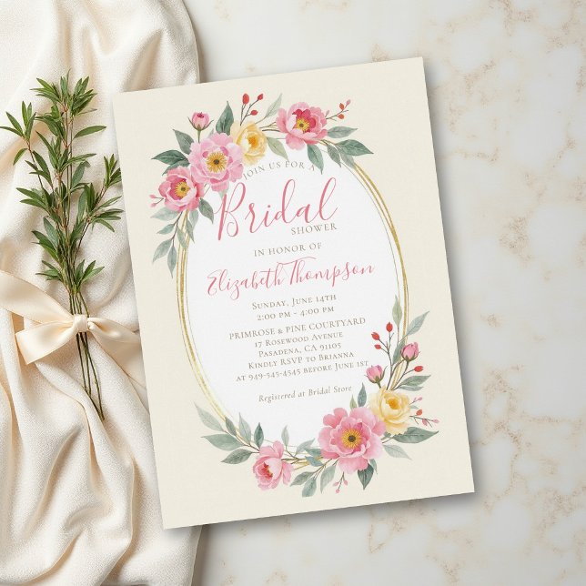 Invitation Fête de mariage pastel rose jaune florale (garden bridal shower invitation pastel peony roses pink blush butter yellow elegant summer backyard )