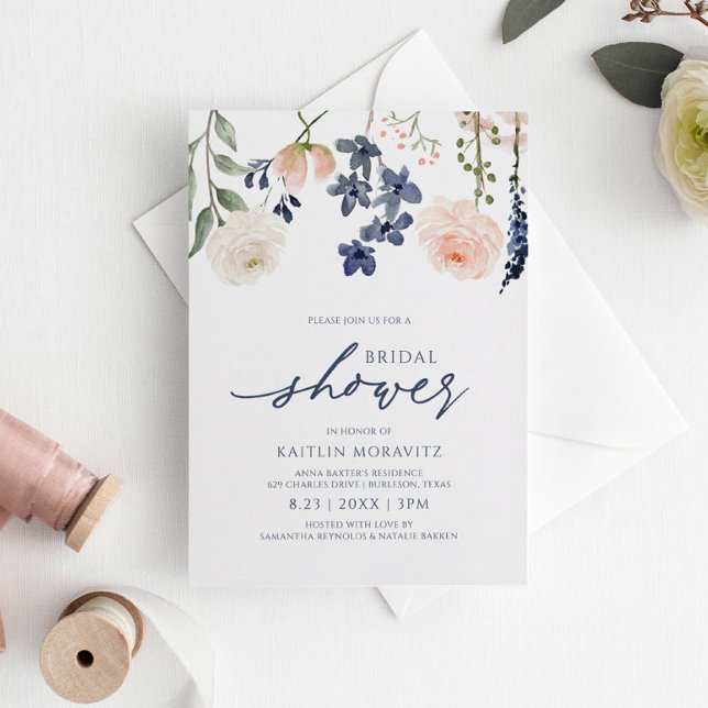Invitation Fête de mariage Peach & Blue - Botanique Floral (Créateur téléchargé)