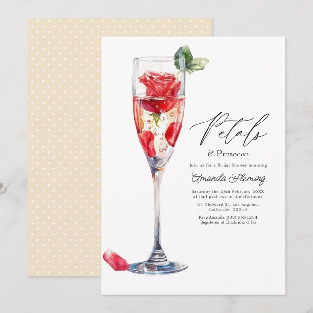 Invitation Fête de mariage Petals & Prosecco Champagne (Devant / Derrière)