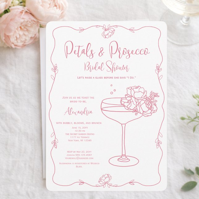 Invitation Fête de mariage Petals Prosecco Rose Dessinée à la (Créateur téléchargé)