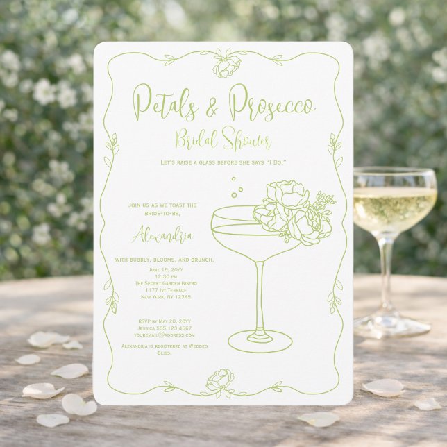 Invitation Fête de mariage Petals Prosecco Sage Dessinée à la (Créateur téléchargé)