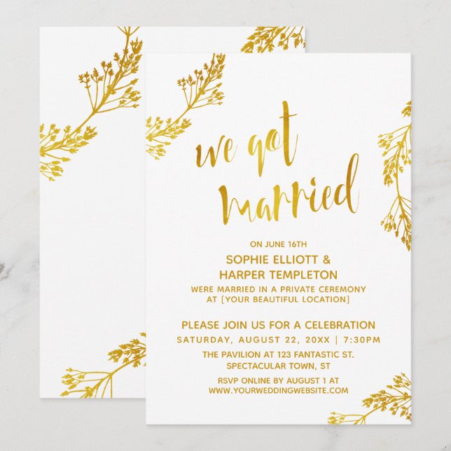 Invitation Fête de mariage post-cérémonie Or & Blanc (Devant / Derrière)