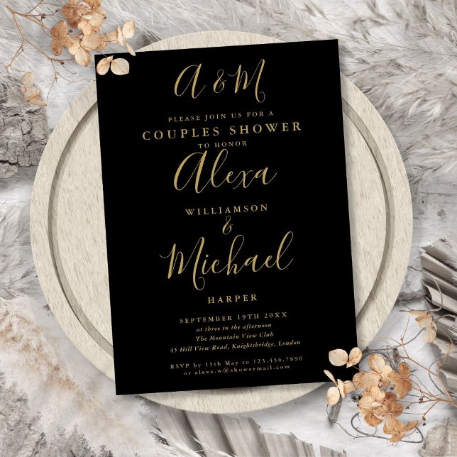 Invitation Fête de mariage pour couples à monogramme noir et  (Black And Gold Monogram Couples Wedding Shower Invitation)