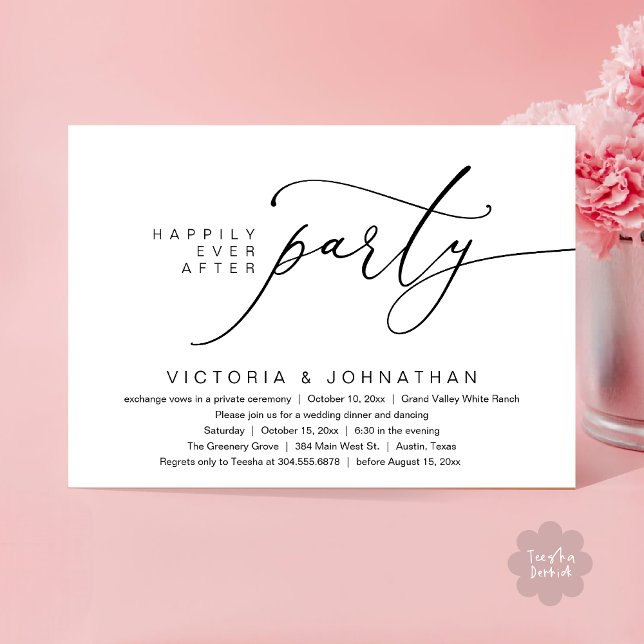 Invitation Fête de Mariage Pour Toujours, Dîner de Mariage Ro (Happily Ever After Party, Romantic Wedding Dinner Invitation Card PDF aesthetic Classy White Black)