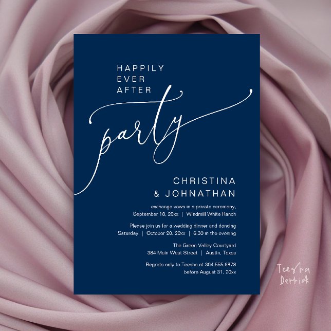 Invitation Fête de Mariage Pour Toujours, Dîner de Réception  (Happily Ever After Party, Modern Reception Dinner Invitation Card in Navy Blue)