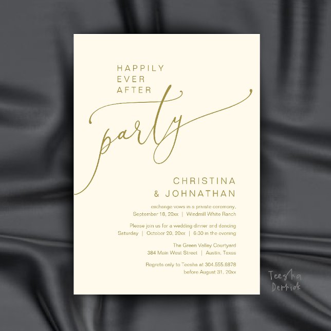 Invitation Fête de Mariage Pour Toujours, Dîner de Réception  (Happily Ever After Party, Modern Reception Dinner Invitation Card in Gold and Cream)