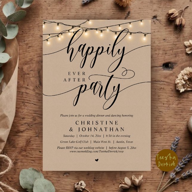 Invitation Fête de Mariage Pour Toujours, Échange de Vœux de  (Happily Ever After Party, Rustic Wedding Elopement Invitation Card in Brown Kraft Farmhouse)