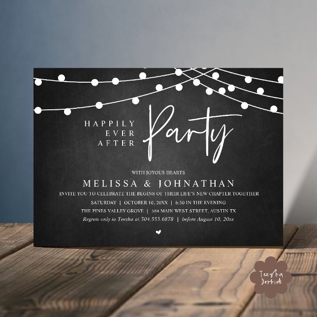 Invitation Fête de Mariage Pour Toujours, Guirlande Rustique (Happily Ever After Party, Rustic Wedding String Lights Invitation card, Reception chalkboard)