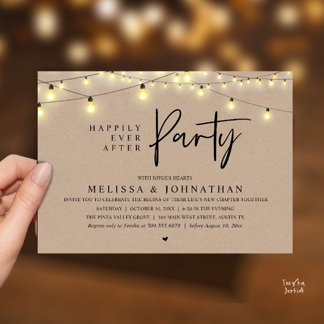 Invitation Fête de Mariage Pour Toujours, Guirlandes Rustique (Happily Ever After Party, Rustic Wedding String Lights Invitation card, Reception Brown Kraft )