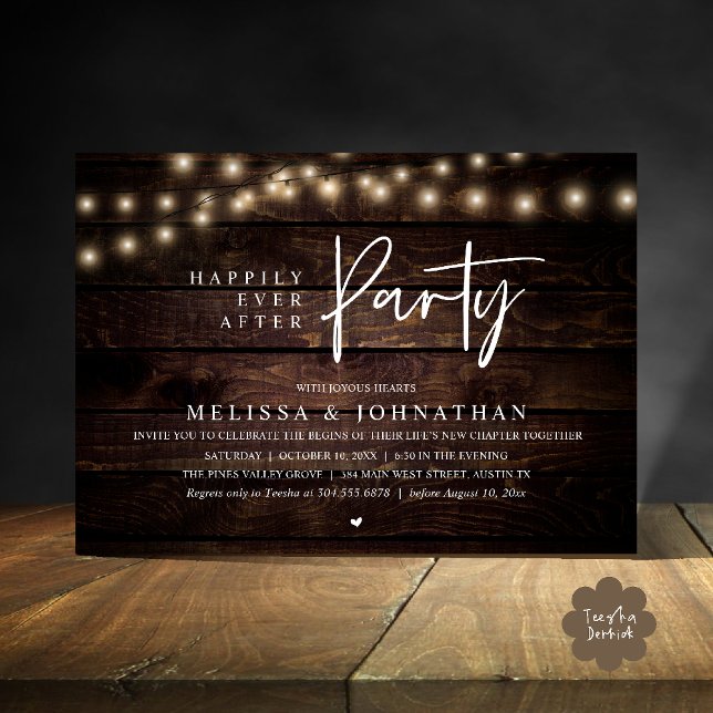 Invitation Fête de Mariage Pour Toujours, Guirlandes Rustique (Happily Ever After Party, Rustic Wedding String Lights Invitation card, Reception Brown Wood)
