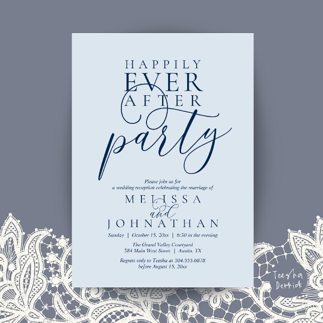 Invitation Fête de Mariage Pour Toujours, Mariage Moderne et  (Happily Ever After Party, Modern Classy Wedding Invitation Card in Misty Blue)