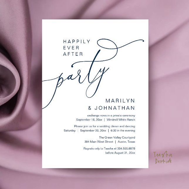 Invitation Fête de Mariage Pour Toujours, Réception de Dîner  (Happily Ever After Party, Modern Dinner Reception Invitation Card in Navy Blue)