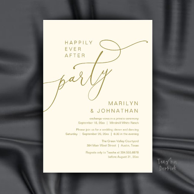 Invitation Fête de Mariage Pour Toujours, Réception de Dîner  (Happily Ever After Party, Modern Dinner Reception Invitation Card in Gold and Cream)