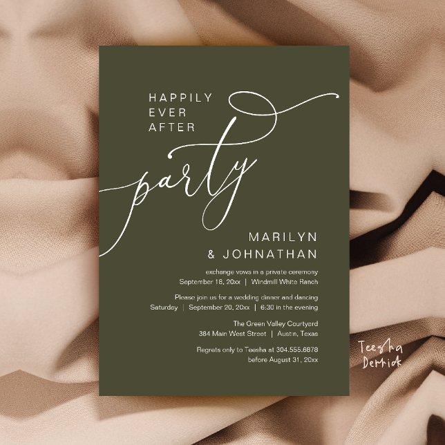 Invitation Fête de Mariage Pour Toujours, Réception de Dîner  (Happily Ever After Party, Modern Dinner Reception Invitation Card in Olive Green)
