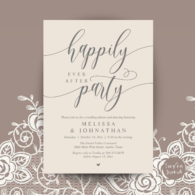 Invitation Fête de Mariage Pour Toujours, Réception de Mariag (Happily Ever After Party, Modern Wedding Reception Dinner Invitation Card in Cream Grey)