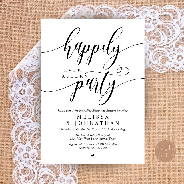 Invitation Fête de Mariage Pour Toujours, Réception de Mariag (Happily Ever After Party, Modern Wedding Reception Dinner Invitation Card in Black and White)