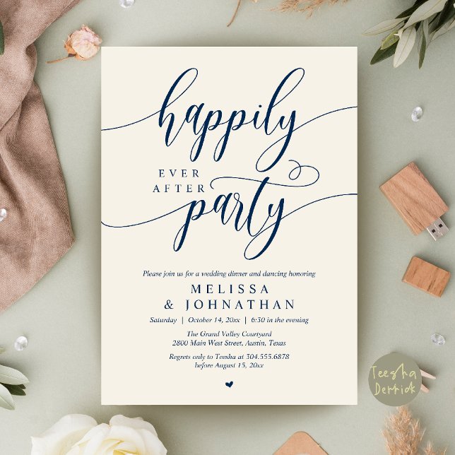 Invitation Fête de Mariage Pour Toujours, Réception de Mariag (Happily Ever After Party, Modern Wedding Reception Dinner Invitation Card in Navy Blue and Ivory)