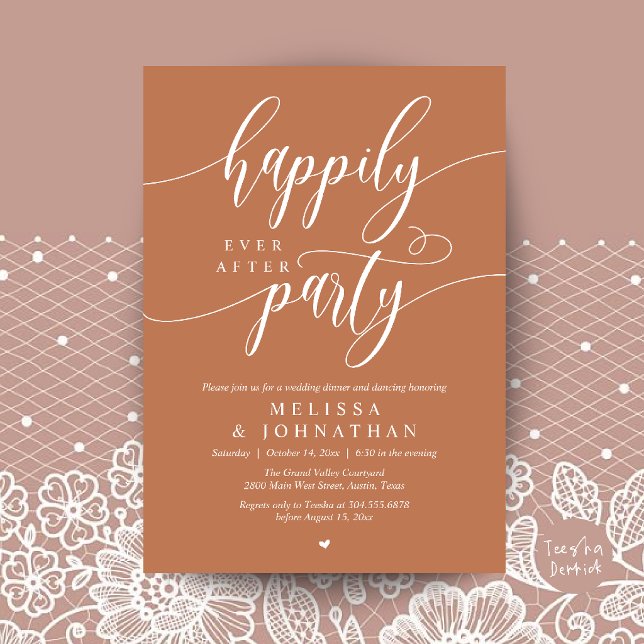 Invitation Fête de Mariage Pour Toujours, Réception de Mariag (Happily Ever After Party, Modern Wedding Reception Dinner Invitation Card in Copper Brown)