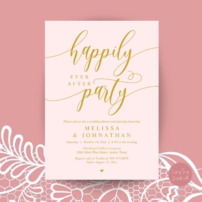 Invitation Fête de Mariage Pour Toujours, Réception de Mariag (Happily Ever After Party, Modern Wedding Reception Dinner Invitation Card in Blush and Yellow Gold)
