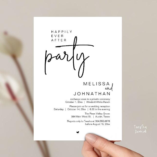 Invitation Fête de Mariage pour Toujours, Réception de Mariag (Happily Ever After Party, Modern Wedding Reception Invitation Card in black and white)