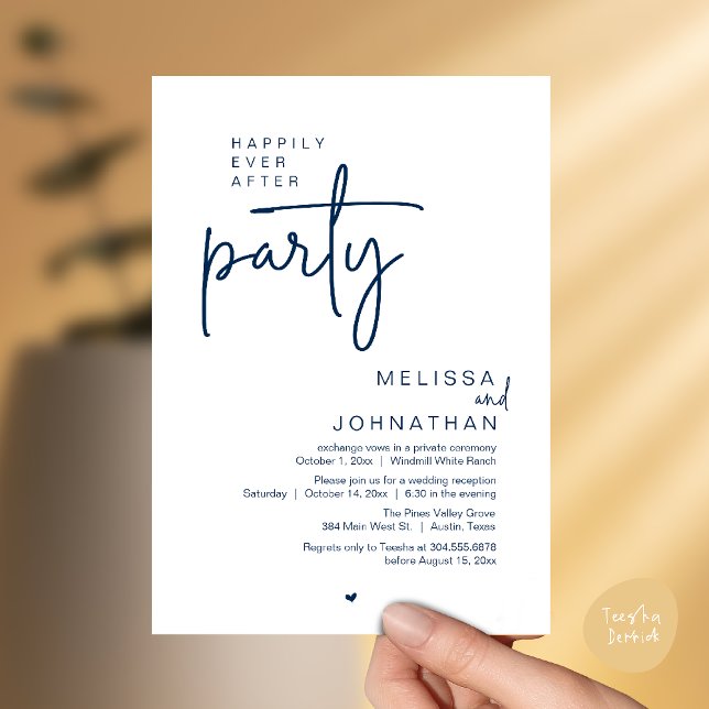 Invitation Fête de Mariage pour Toujours, Réception de Mariag (Happily Ever After Party, Modern Wedding Reception Invitation Card in navy blue)
