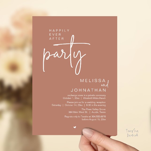 Invitation Fête de Mariage pour Toujours, Réception de Mariag (Happily Ever After Party, Modern Wedding Reception Invitation Card in terracotta earthy brown)
