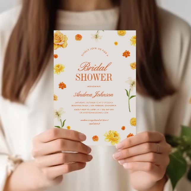 Invitation Fête de mariage printanière aux fleurs jaunes et o (Créateur téléchargé)