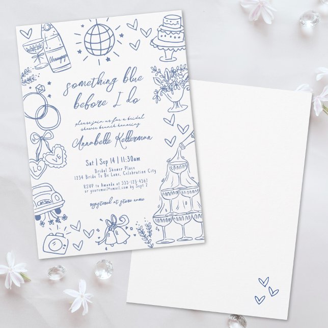 Invitation Fête de mariage "Quelque chose de bleu dessiné à l (Hand Drawn Something Blue Bridal Shower Invitation )