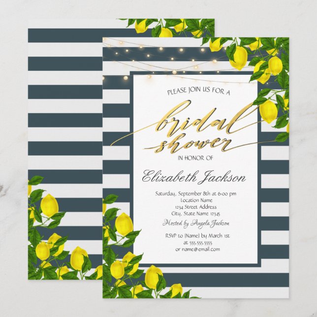 Invitation Fête de mariage rayée bleu marine et citron (Devant / Derrière)
