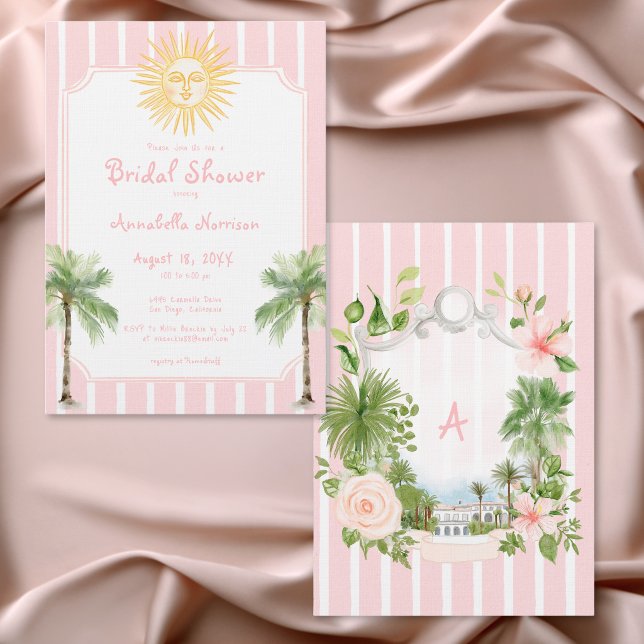 Invitation Fête de mariage rayée rose Palm Coast (Pink Stripe Coastal Sun Palm Bridal Shower Invitation)