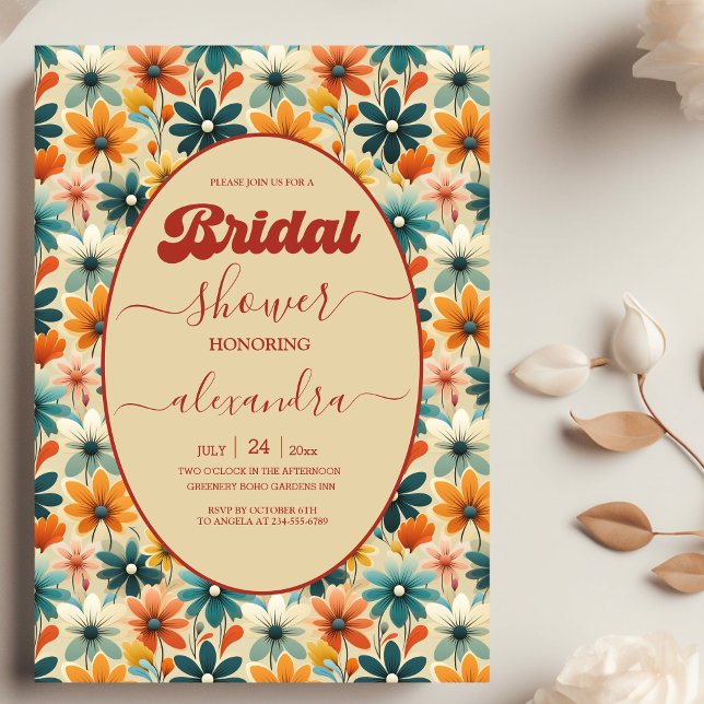 Invitation Fête de mariage rétro funky années 70 florale (Créateur téléchargé)