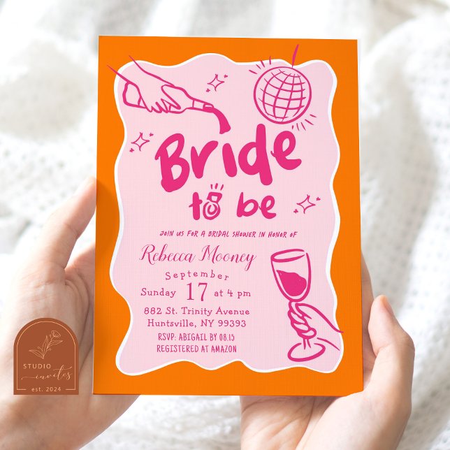 Invitation Fête de mariage rétro illustré orange rose (Créateur téléchargé)