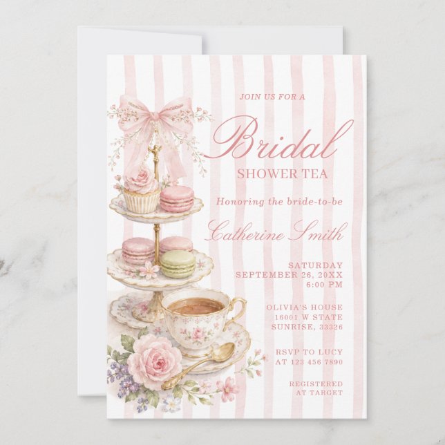 Invitation Fête de mariage rétro rose coquette avec thé à la  (Devant)